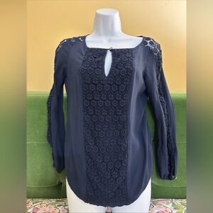 Tory Burch Dark Blue Sheer Blouse Top Size 4 Long Sleeve Lace Floral Detailing